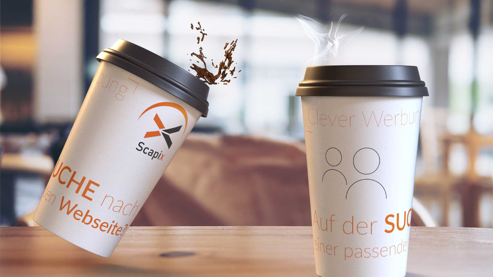 2 Kaffeebecher mit Scapix Webdesign Aufschrift
